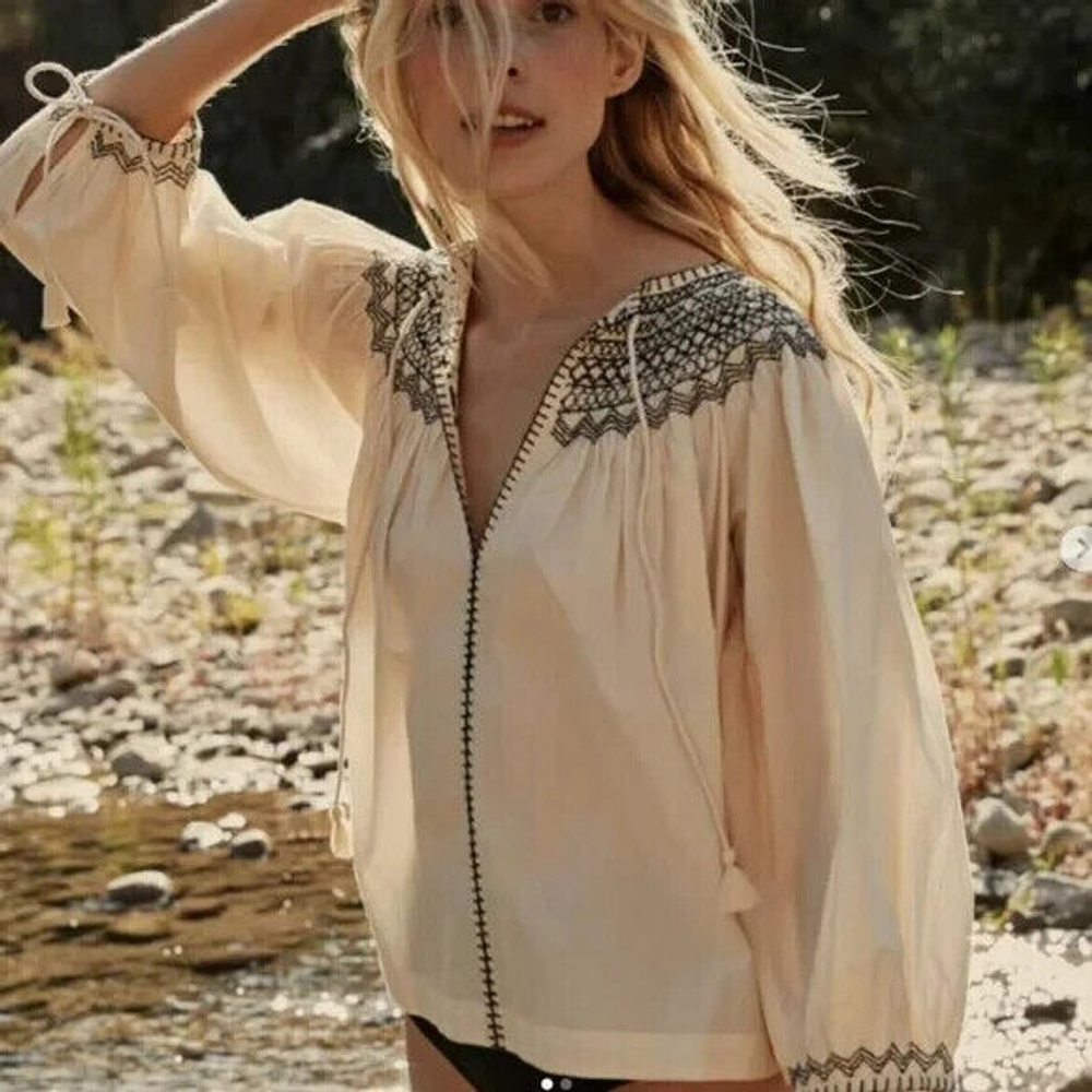 Doen Artiste Magnolia Smocked Embroidered Cotton Blouse Tunic Top XS Boho Boxy